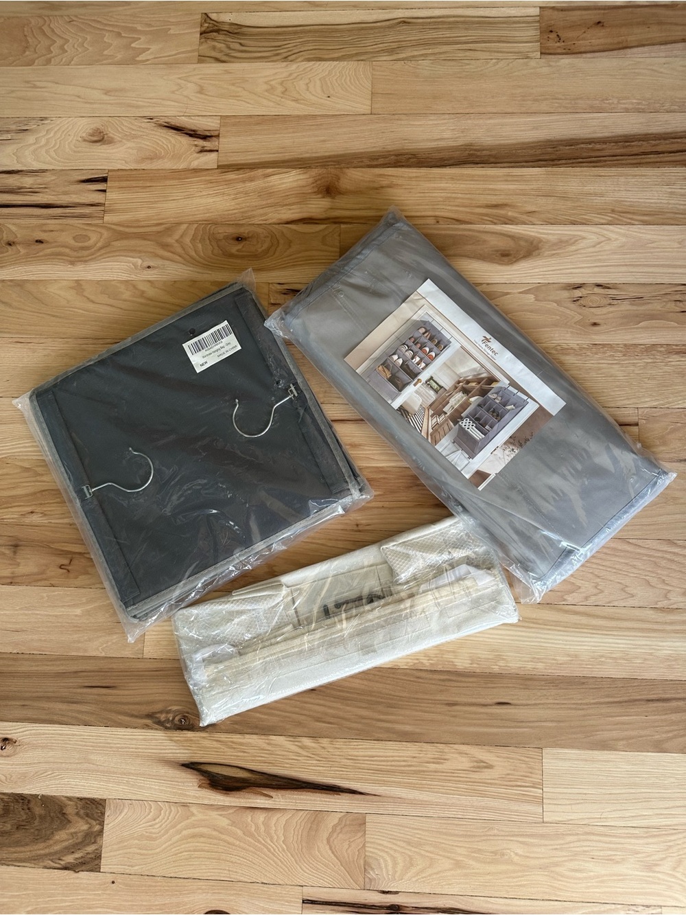 Amazon Dorm Purchased Closet Organizer Panels and Shelf Covers in Gray & Cream.